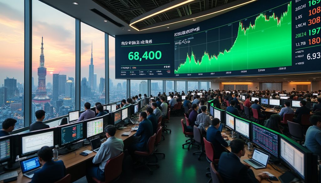 le nikkei bondit de plus de 3% en séance, atteignant un sommet historique de 68 402 points et battant tous les records précédents.